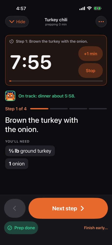 Cook mode: a large timer, Oskie saying dinner is on track, step 1 of 4 with the ingredients it needs, and a big Next step button.