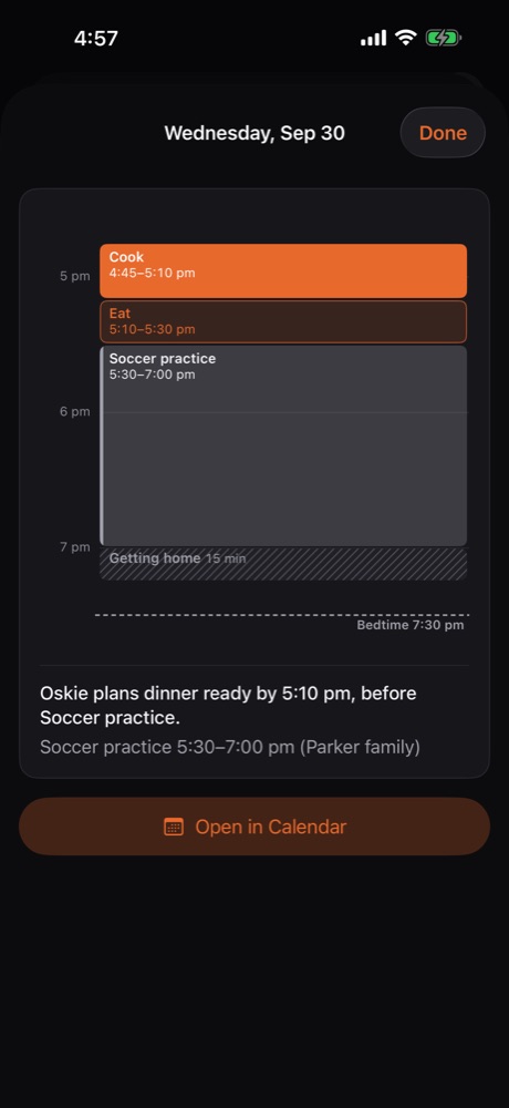 Wednesday's evening: cook 4:45 to 5:10, eat 5:10 to 5:30, soccer practice 5:30 to 7:00, bedtime 7:30.